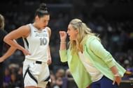 Las Vegas Aces coach Becky Hammon talks with guard Kelsey Plum against the LA Sparks at Crypto.com Arena. (Photo Credits: IMAGN)